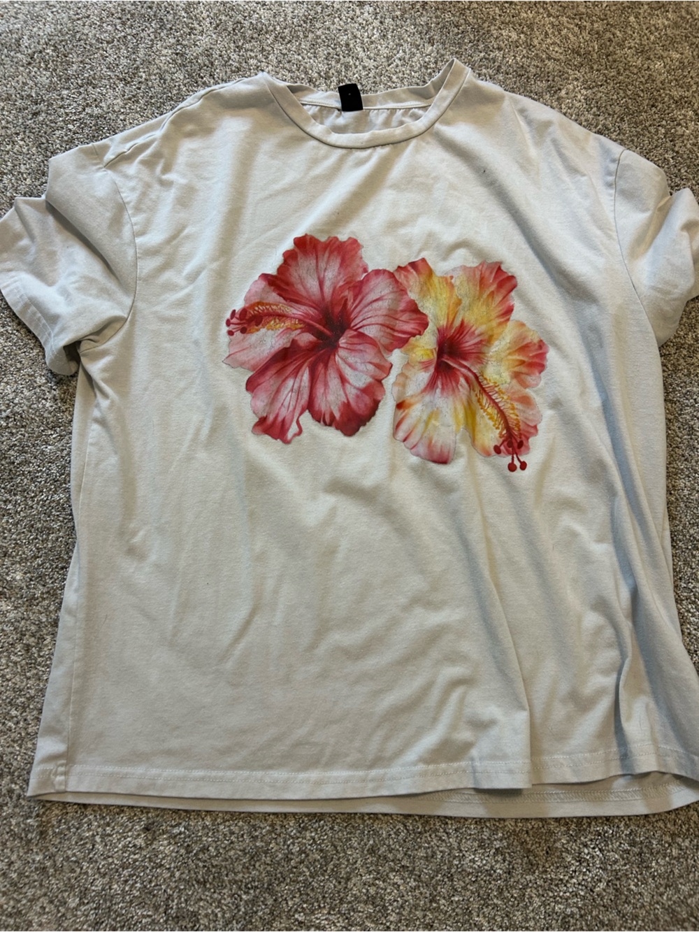 SHEIN White Tee with Pink and Yellow Hibiscus Graphic